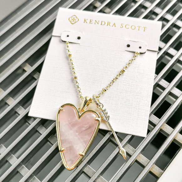 Kendra Scott Jewelry Ansley Heart Long Necklace Gold Rose Quartz